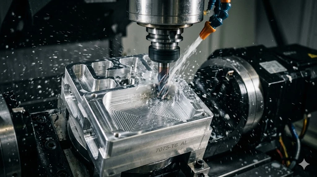 High-precision aerospace component machined from 7075-T6 aluminum on a multi-axis CNC milling center with coolant spray High-precision aerospace component machined from 7075-T6 aluminum on a multi-axis CNC milling center with coolant spray