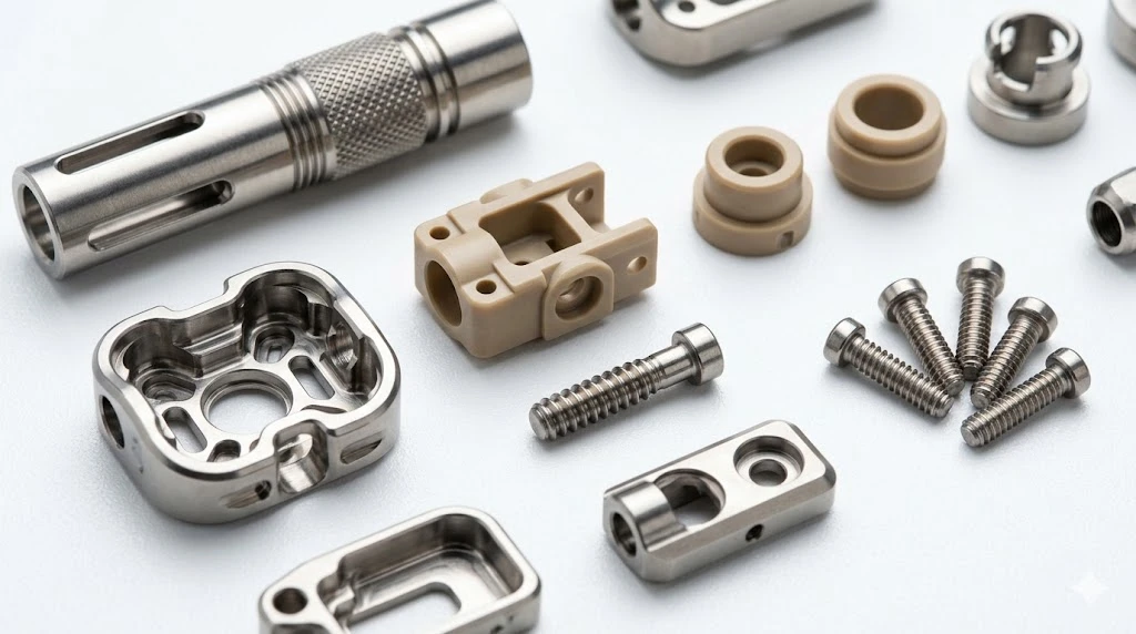 Medical grade titanium and PEEK CNC machined components for orthopedic devices on a clean validation background Medical grade titanium and PEEK CNC machined components for orthopedic devices on a clean validation background