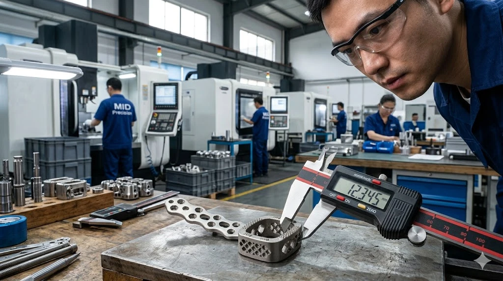 Chinese engineer verifying precision CNC machined part dimensions on the shop floor Chinese engineer verifying precision CNC machined part dimensions on the shop floor
