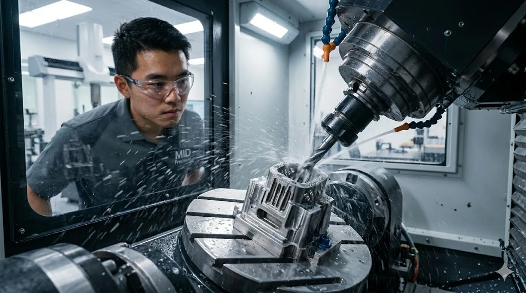 Technician monitoring simultaneous 5-axis CNC machining of complex aerospace components Technician monitoring simultaneous 5-axis CNC machining of complex aerospace components