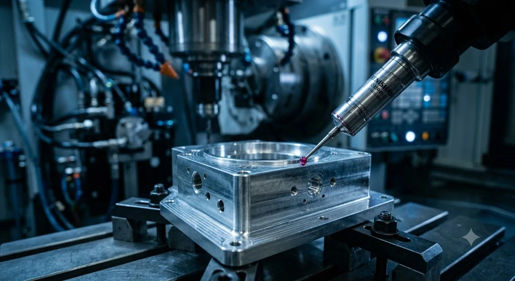 Precision measurement probe inspecting a machined metal component on a CNC workstation.