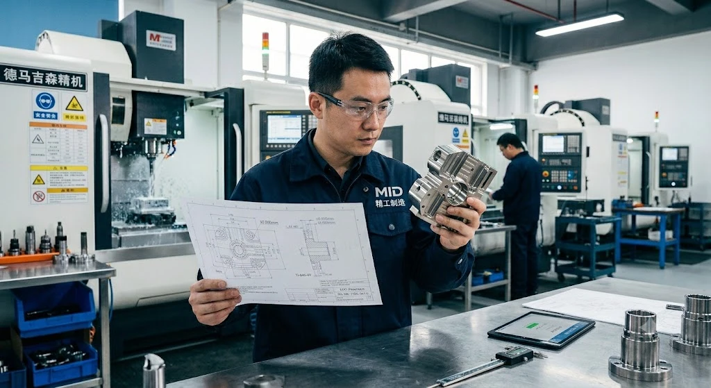 Engineer reviewing technical manufacturing blueprints and a precision-machined part.