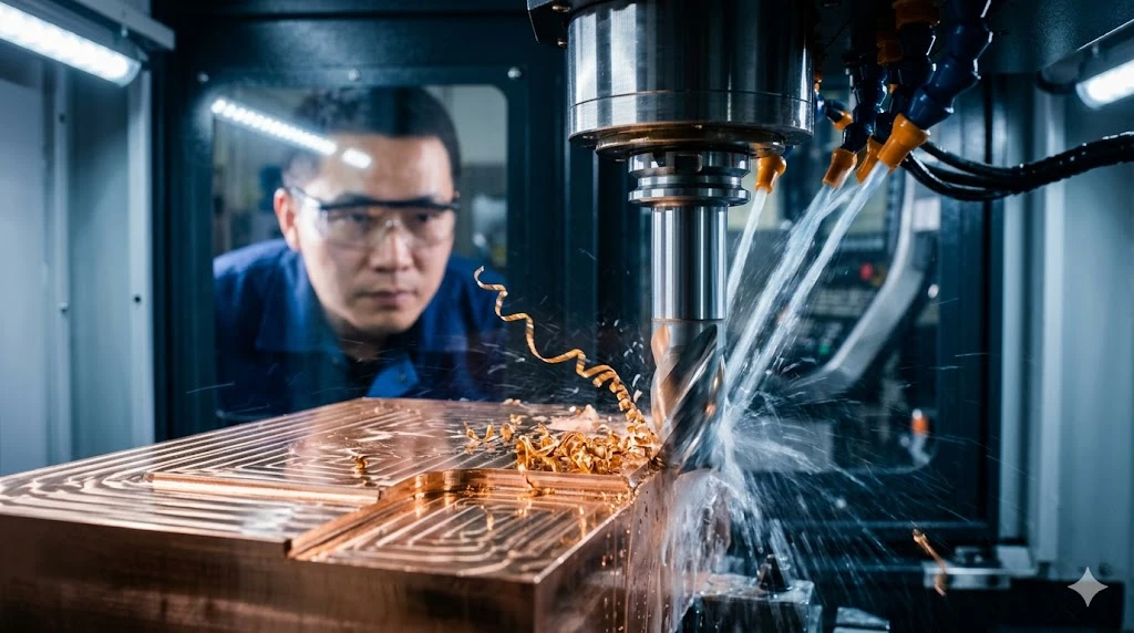 Chinese technician monitoring the CNC machining of a pure copper part to prevent built-up edge Chinese technician monitoring the CNC machining of a pure copper part to prevent built-up edge