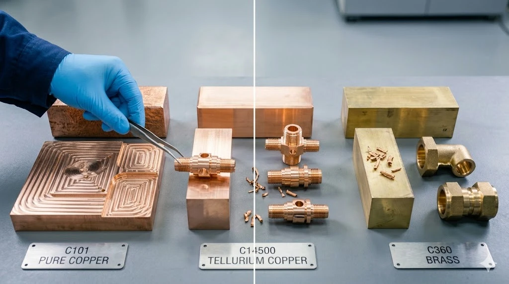 Chinese machinist inspecting precision machined copper heat sinks and brass structural fittings Chinese machinist inspecting precision machined copper heat sinks and brass structural fittings