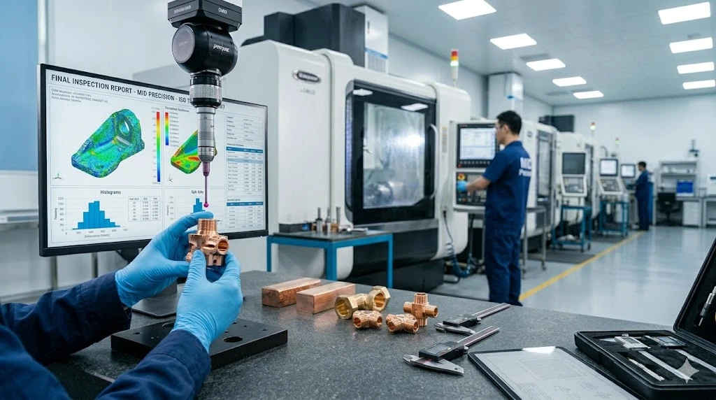 Chinese engineer verifying the tolerance of a complex copper electrical connector using precision tools Chinese engineer verifying the tolerance of a complex copper electrical connector using precision tools