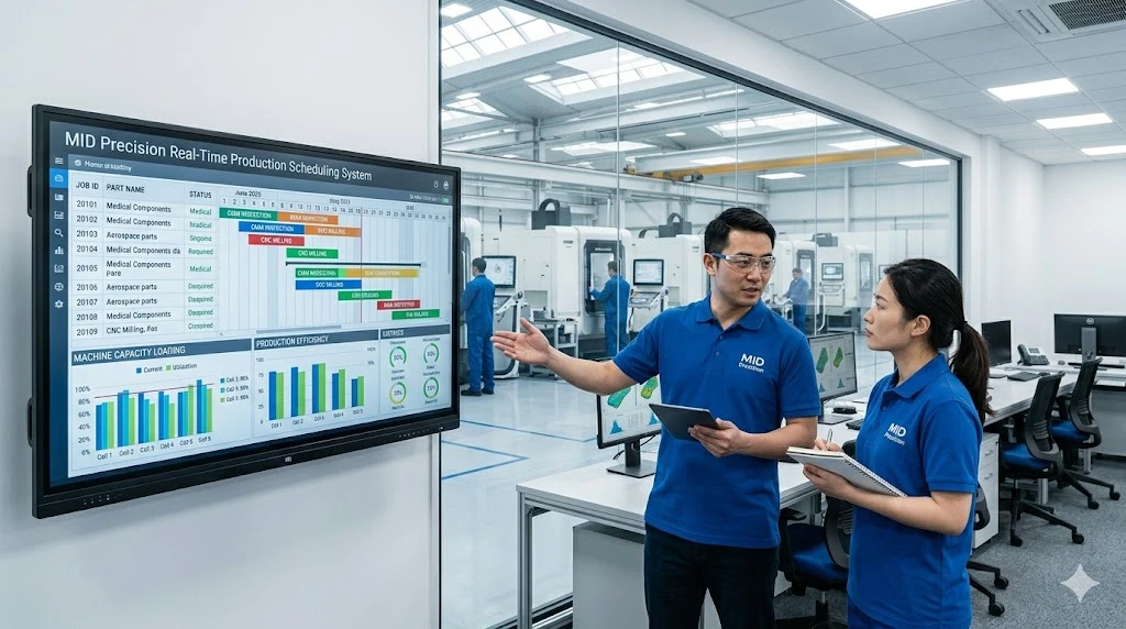 Chinese production manager reviewing digital CNC job scheduling and capacity data in a modern office