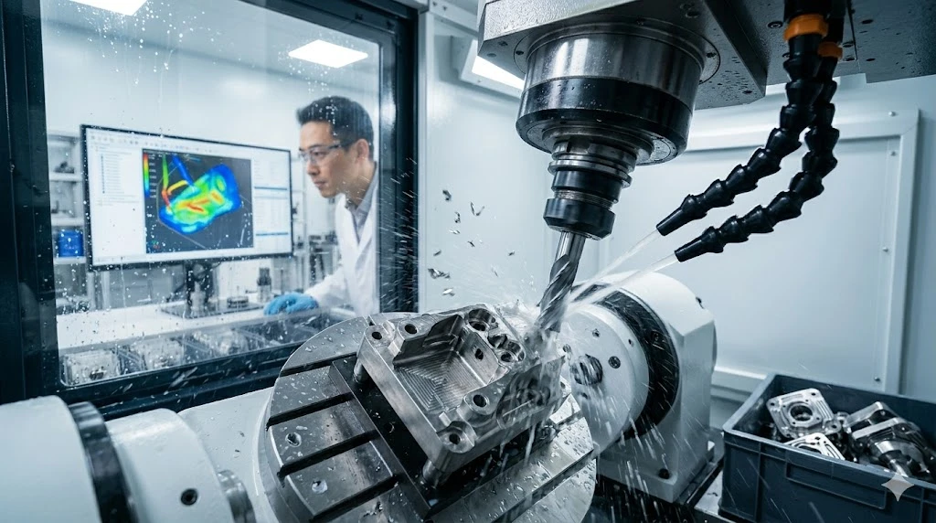 Chinese technician monitoring 5-axis CNC machining of a complex titanium medical component
