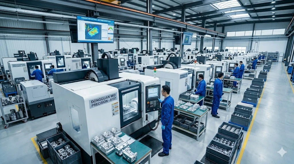 Modern and spacious CNC machining facility in Dongguan with Chinese operators working in organized production cells