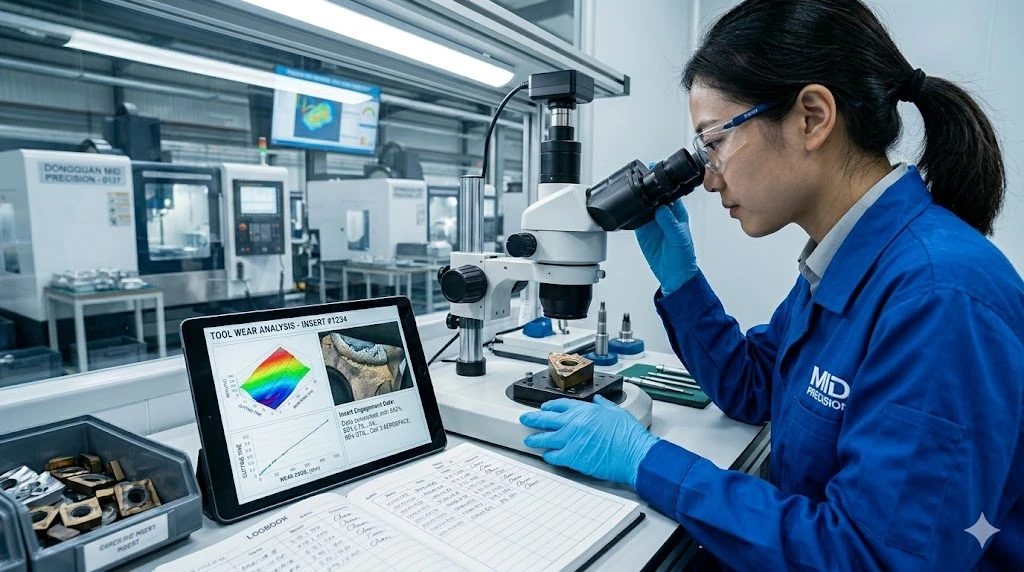 Chinese machinist inspecting carbide insert wear with a digital microscope for precise machining control