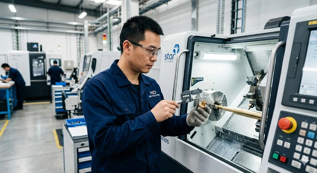 A skilled Chinese engineer inspecting a precision-machined brass component at a modern manufacturing facility.