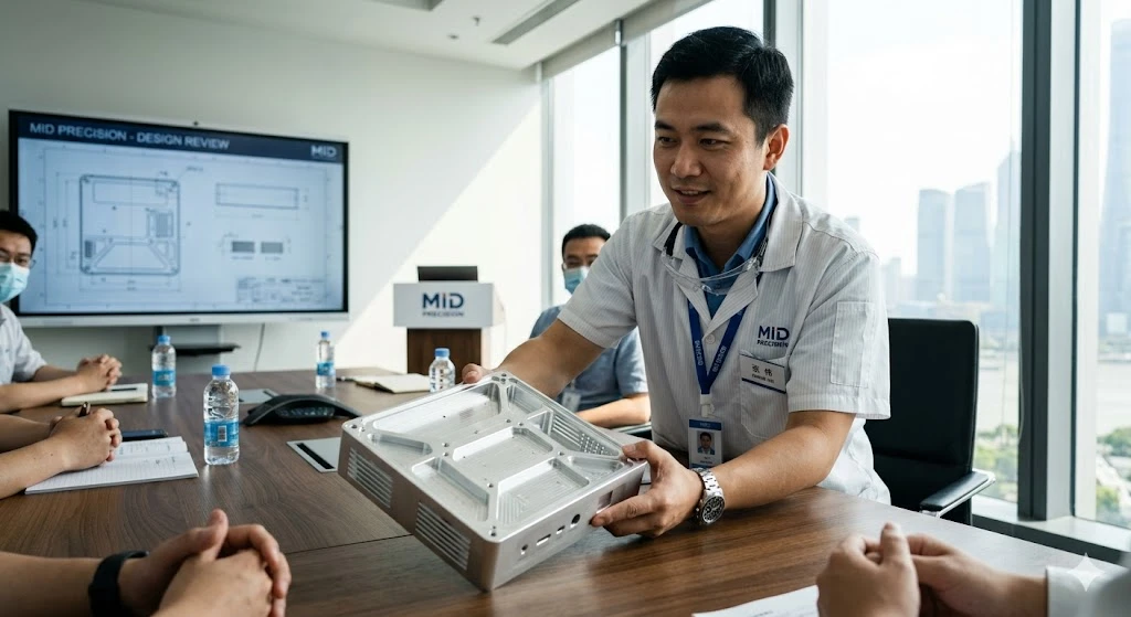 A functional CNC machined aluminium enclosure prototype being presented during a product development review meeting.