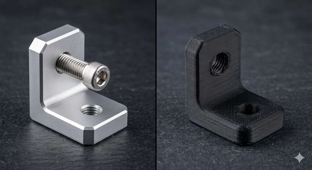 A side-by-side comparison of a precision CNC machined aluminium prototype and a 3D printed plastic placeholder.