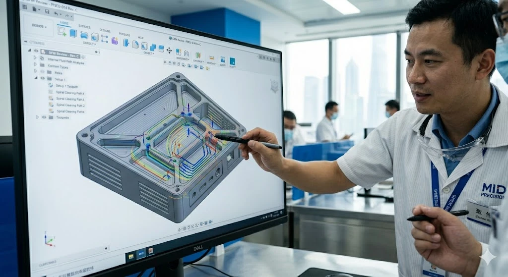 A Chinese manufacturing engineer performing a DFM review on a CAD model of a complex manifold block. A Chinese manufacturing engineer performing a DFM review on a CAD model of a complex manifold block.