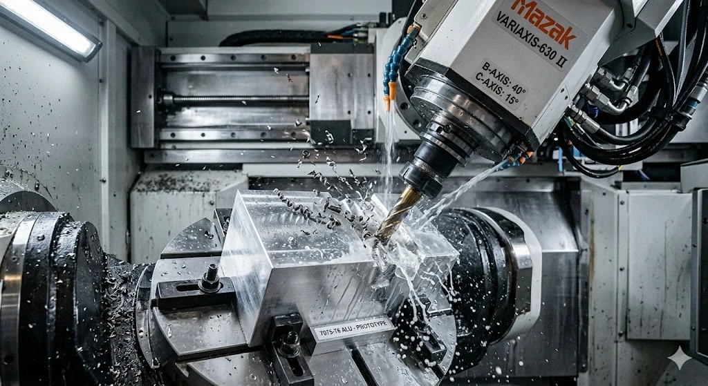 A 5-axis CNC machine milling a structural low-volume prototyping component from a solid block of 7075-T6 aluminium. A 5-axis CNC machine milling a structural low-volume prototyping component from a solid block of 7075-T6 aluminium.