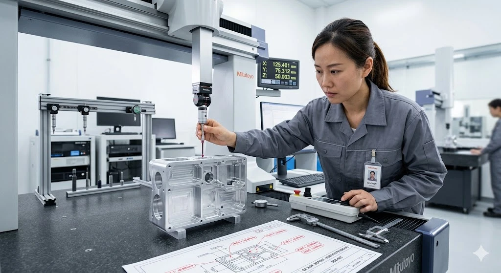 A quality control inspector using a CMM to verify the dimensional tolerances of a newly machined prototype part. A quality control inspector using a CMM to verify the dimensional tolerances of a newly machined prototype part.