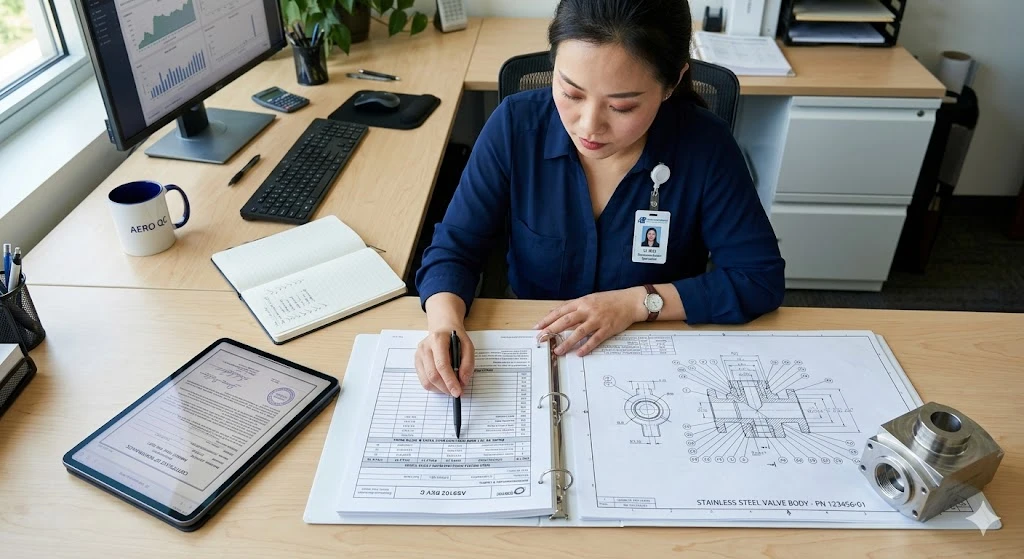 An aerospace document controller verifying an AS9102 Rev C Form 1 and Form 2 inspection package against ballooned drawings. An aerospace document controller verifying an AS9102 Rev C Form 1 and Form 2 inspection package against ballooned drawings.