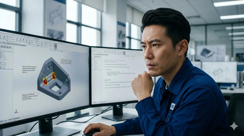 A Chinese manufacturing engineer analyzing a 3D CAD model of an aerospace structural bracket for DFM review on a workstation