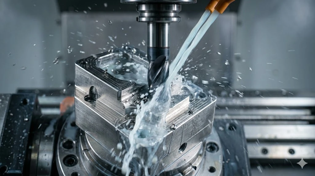 Close-up of high-pressure through-spindle coolant spraying during the CNC machining of a Ti-6Al-4V titanium aerospace part