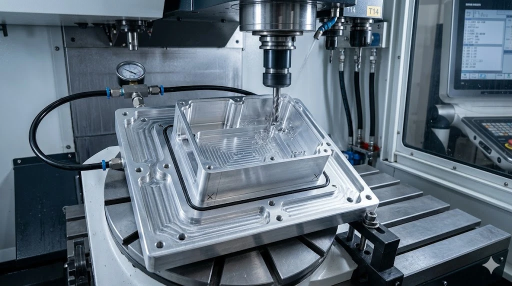 An aluminum 7075-T651 thin-wall aerospace housing secured on a custom matrix vacuum fixture to prevent deflection