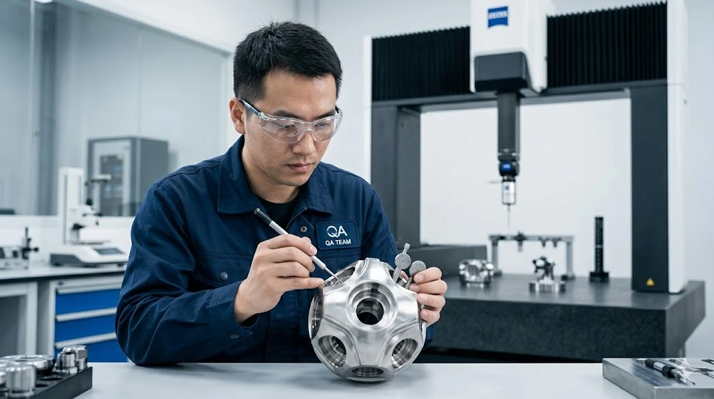 Chinese QA engineer inspecting a precision 5-axis CNC machined titanium housing in a quality control laboratory