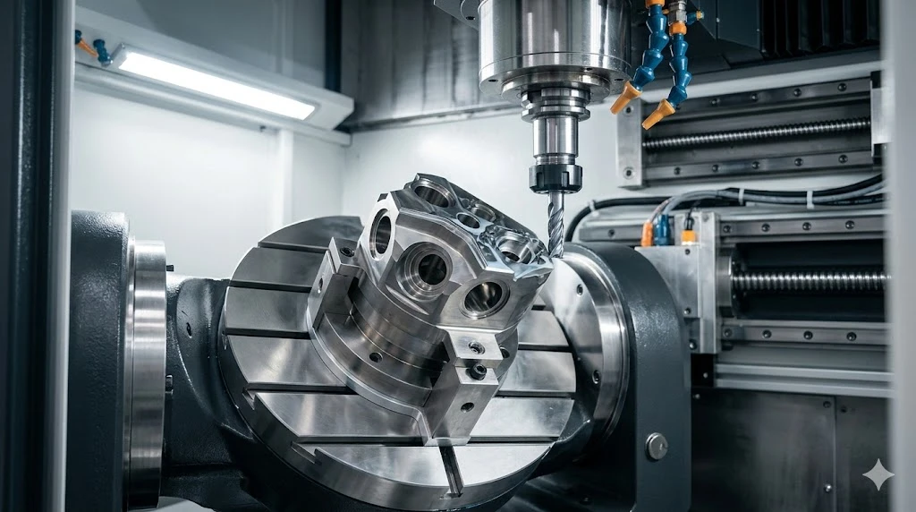 Interior of a simultaneous 5-axis CNC machine showing a precision component clamped on a tilting rotary table Interior of a simultaneous 5-axis CNC machine showing a precision component clamped on a tilting rotary table