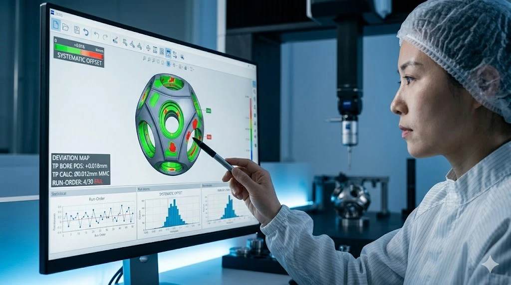 Chinese metrology technician analyzing CMM report data and 3D deviation color map on a monitor