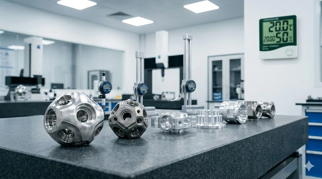 Precision CNC machined parts stabilizing on a granite surface plate inside a 20 degrees Celsius climate-controlled room Precision CNC machined parts stabilizing on a granite surface plate inside a 20 degrees Celsius climate-controlled room