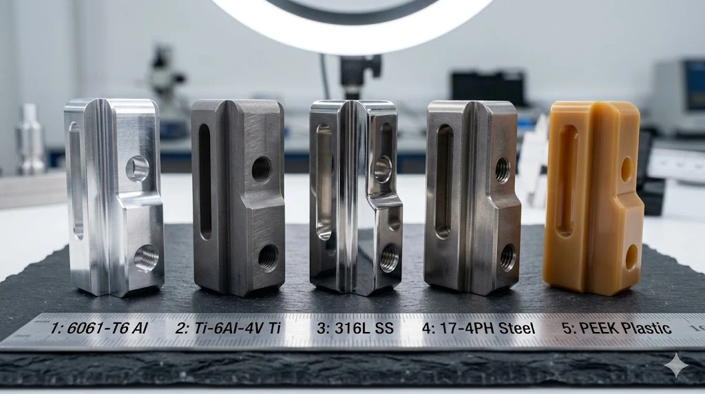Comparison of surface finishes on CNC machined material samples including aluminum, titanium, stainless steel, and PEEK plastic.
