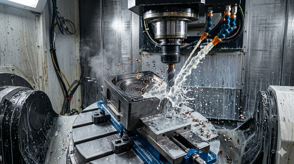 High-pressure coolant flushing chips during high-efficiency trochoidal milling of a titanium pocket on a 5-axis CNC machine.