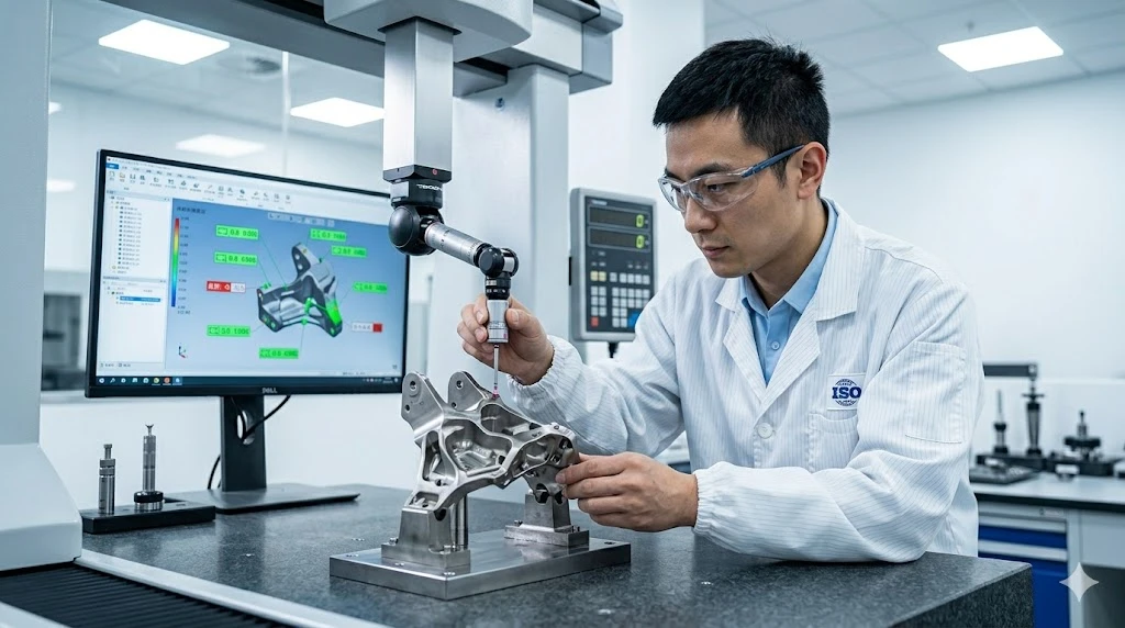 A Chinese quality control engineer operating a coordinate measuring machine to inspect a precision titanium aerospace component.